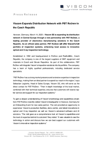 Viscom Expands Distribution Network with PBT Rožnov in the Czech Republic