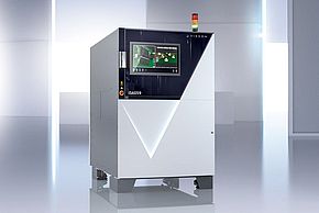 A render image of the Viscom system iS6059 Double-Sided inspection rotated to the right with a surreal background