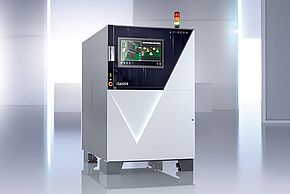 A render image of the Viscom system iS6059 Double-Sided inspection rotated to the right with a surreal background