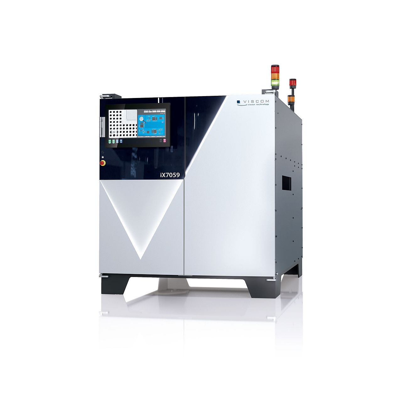 A 3D render image of the Viscom system iX7059 PCB Inspection rotated to the left