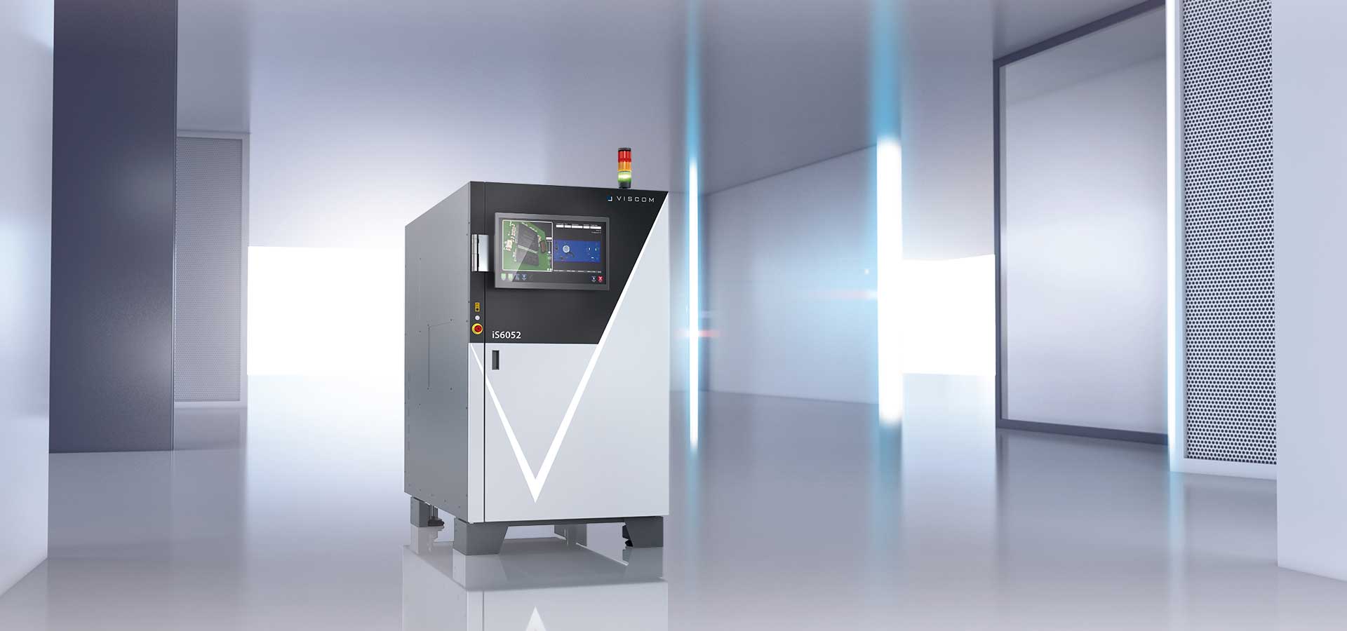 Title iS6052 AOI The Viscom iS6052 AOI system is set against a geometric background.