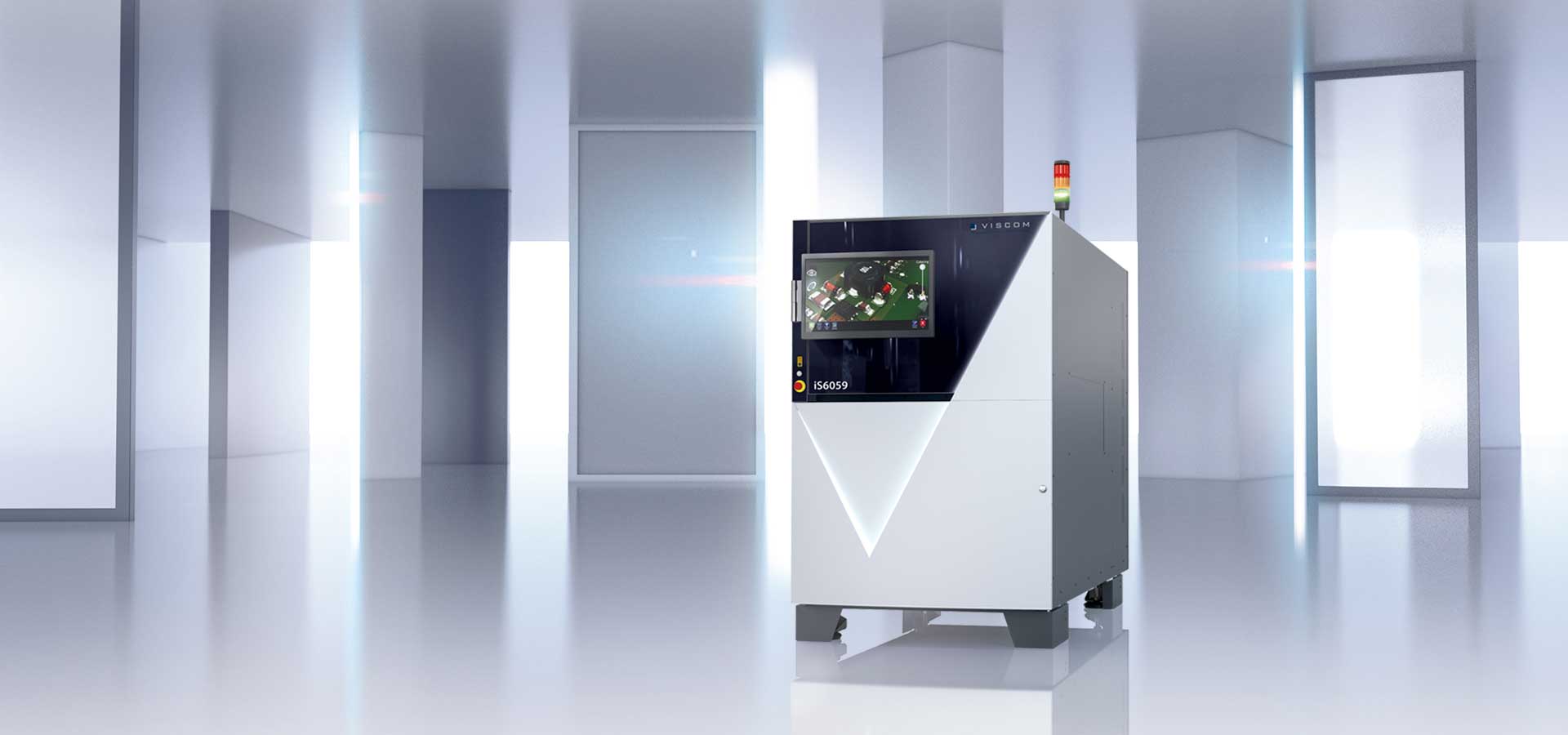 This is a 3D render of Viscom's product AOI iS6059 Dual-Lane Inspection. An automatic optical inspection system for components developed in 2024.